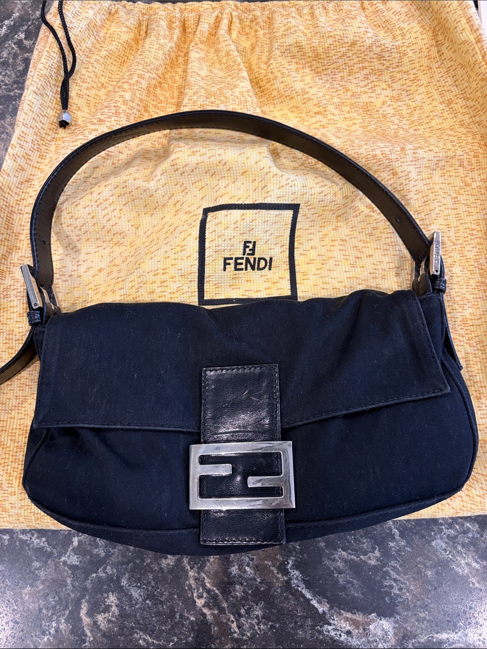 Fendi Black Shoulder Baguette with Silver FF Buckle